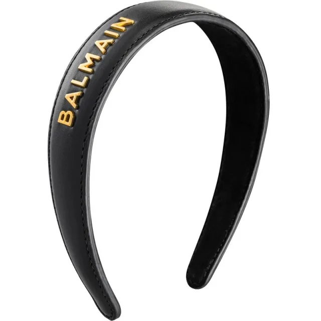 Balmain Paris Leather Headband With Gold Logo 18k - Black