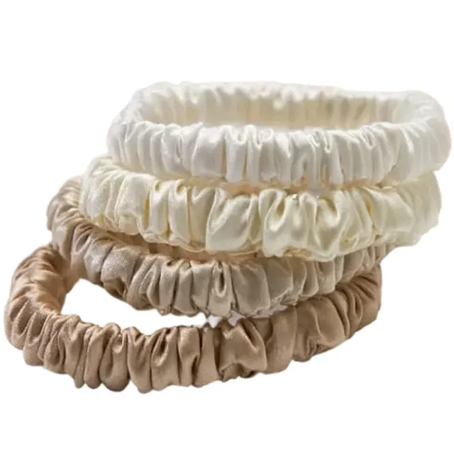 Lenoites Mulberry Silk Skinny Scrunchies - White, cream white, beige, light brown